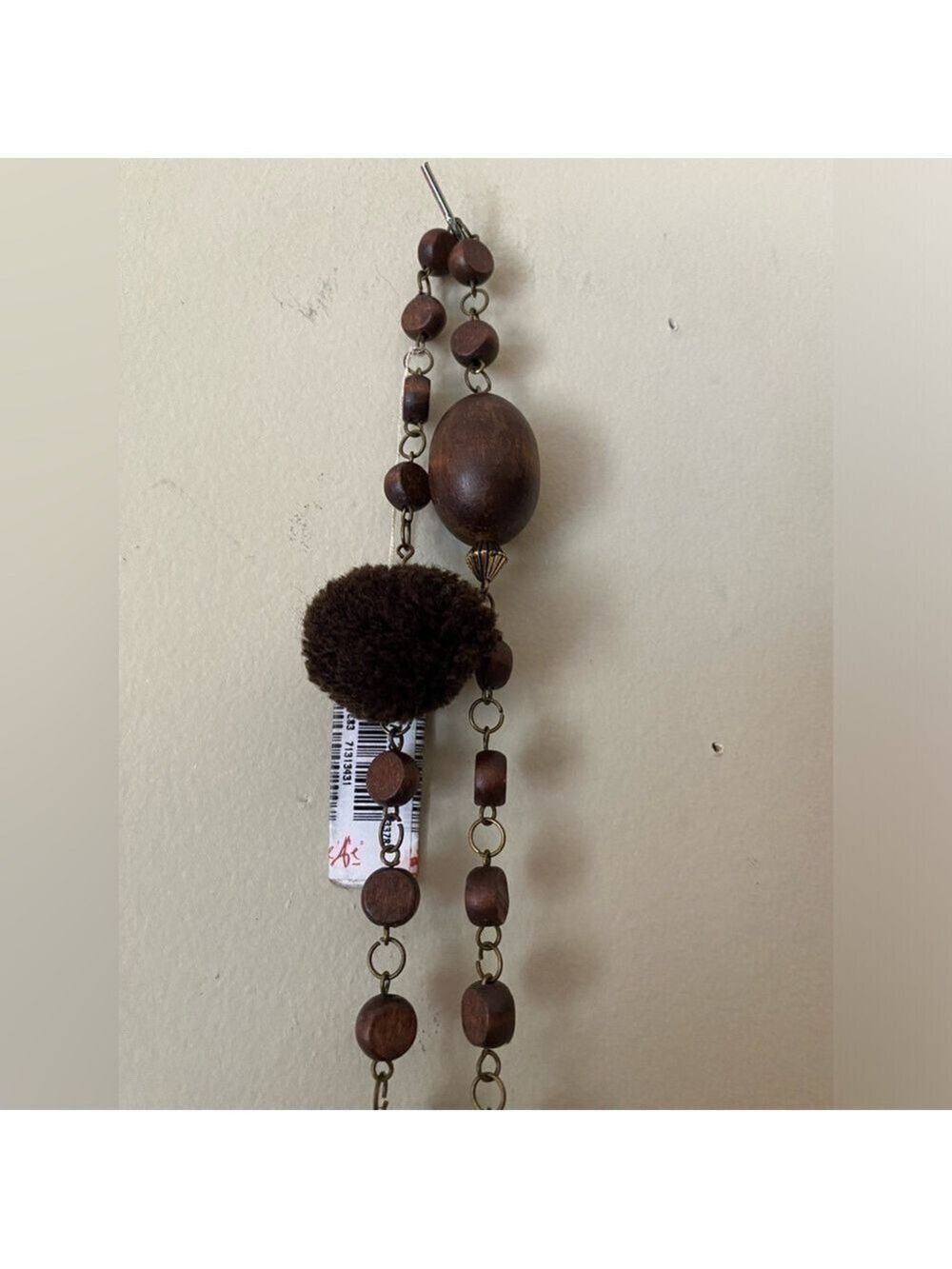 Galeries Lafayette Brown Wood and Pom Pom Long Necklace NWT